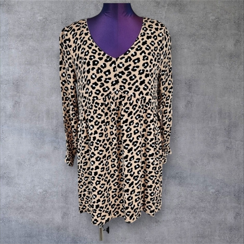 Simply Southern Cheetah Print Long Sleeve Babydoll Dress Size Medium Women's I4